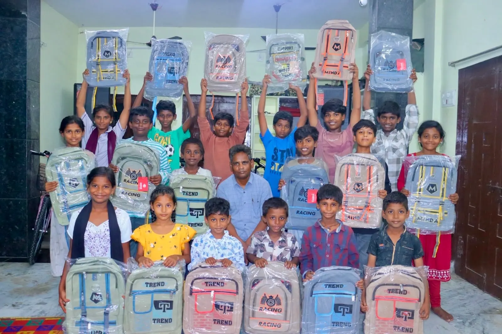Children celebrating with new school backpacks
